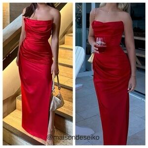 NWT House of CB Maxi Dress Red Satin Adrienne Strapless Holiday Wedding Guest S
